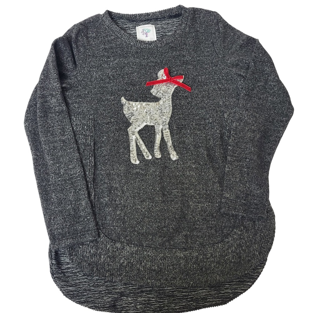 ColorTree Girls Size M (10/12) Gray Reindeer Sequin Christmas Holiday Tunic Top